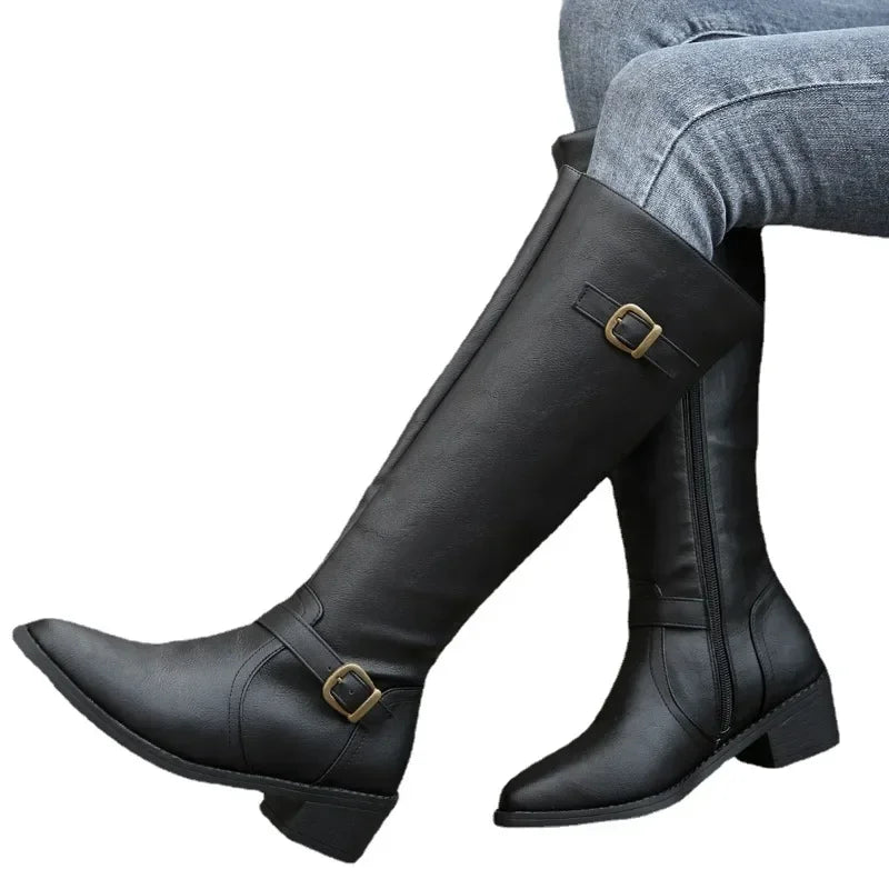 Shoes for Women 2023 Brand Zipper Women's Boots Winter Pointed Toe Solid Concise Mid-Calf Chunky Heels Large Size Western Boots  Amaijoin