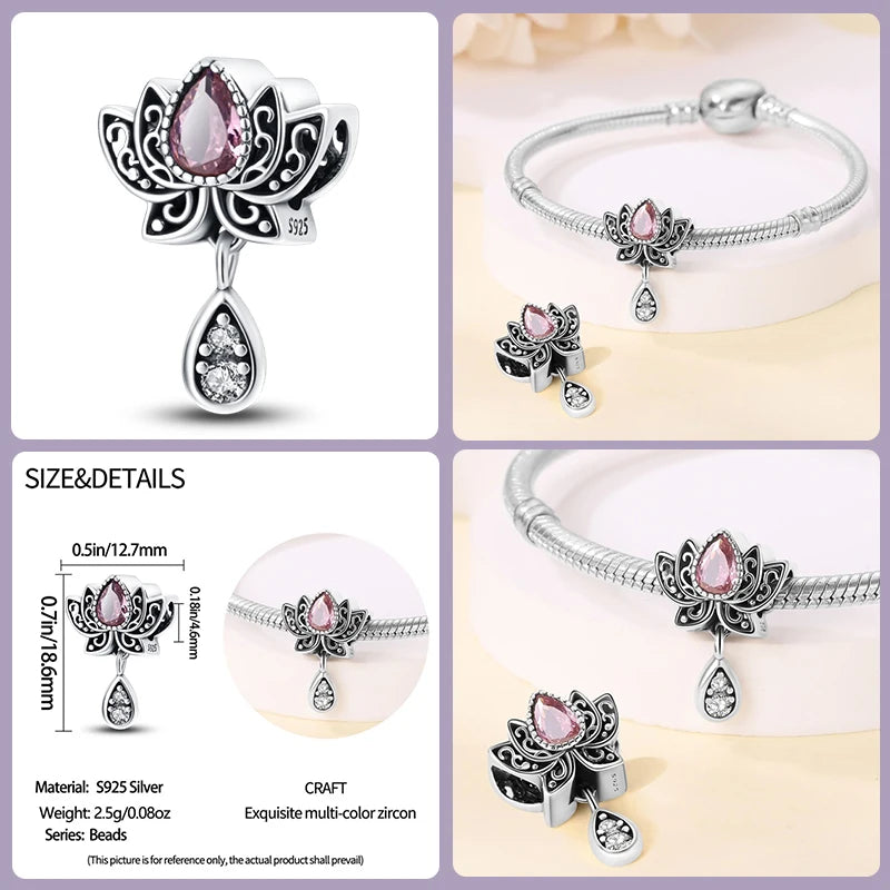 925 Sterling Silver Classic Purple Retro Heart Shape Lotus Angel Pattern Charms Beads Fit Pandora Original Bracelets DIY Jewelry  Amaijoin