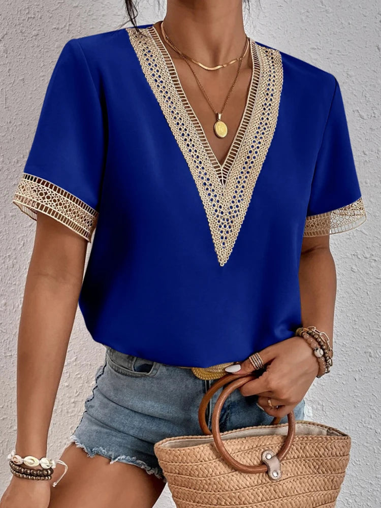 2023 summer new lace V-neck short-sleeved T-shirt women loose casual blouse thin solid color pullover  Amaijoin