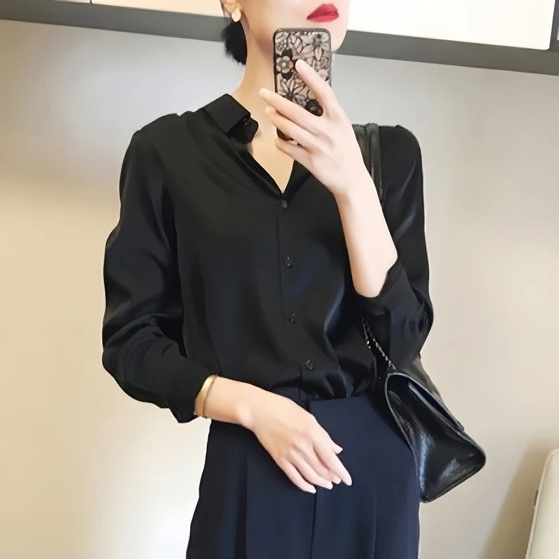 All-match Satin Finish Shirts And Blouses Women Clothing Casual Top OL Long Sleeve Button Elegant Shirts French Solid Blouses  Amaijoin