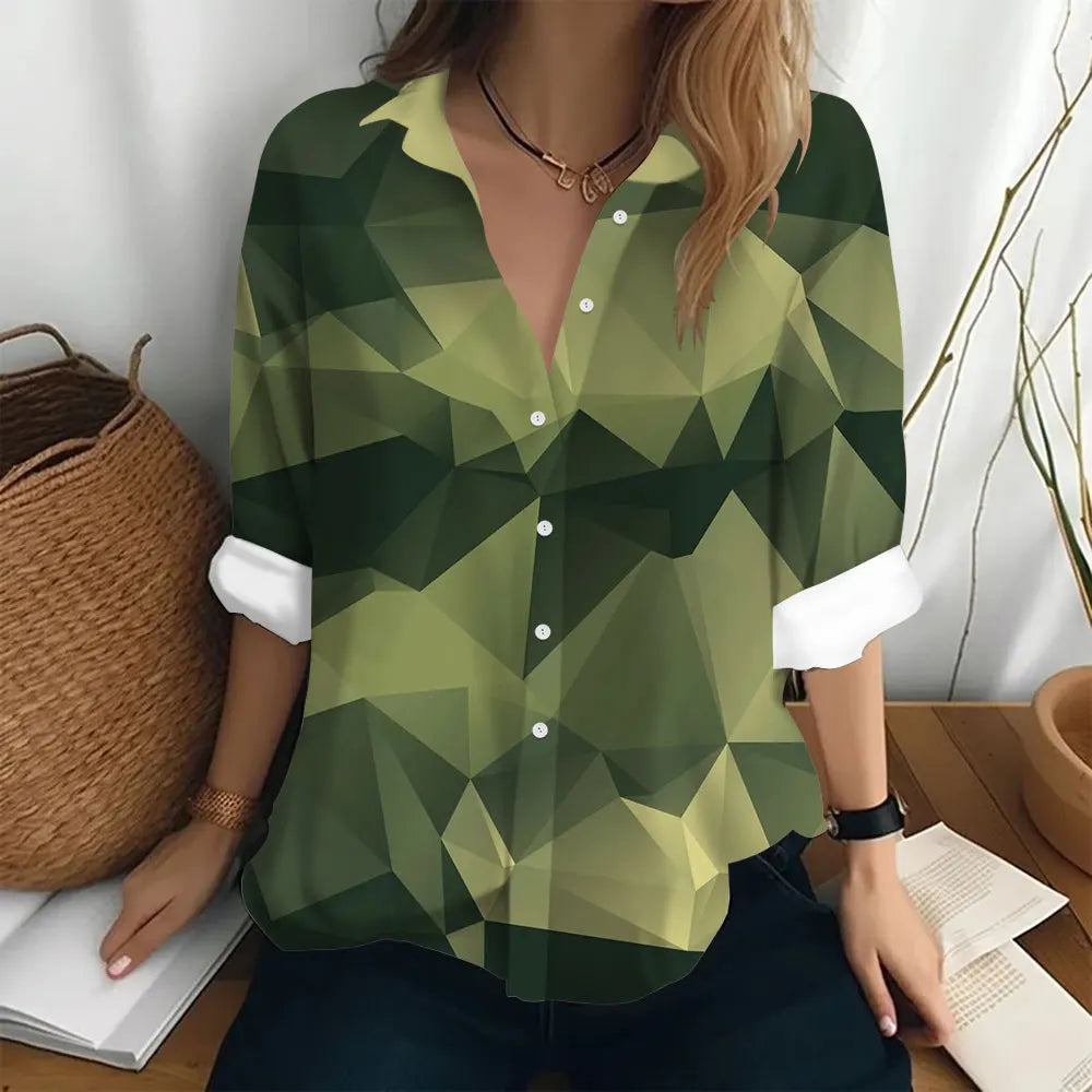 Autumn Women's Shirt Polo Collar Long Sleeve T-shirt Fashion Print Top Fashion Party Trend Women's Shirt Button Casual T-shirt  Amaijoin