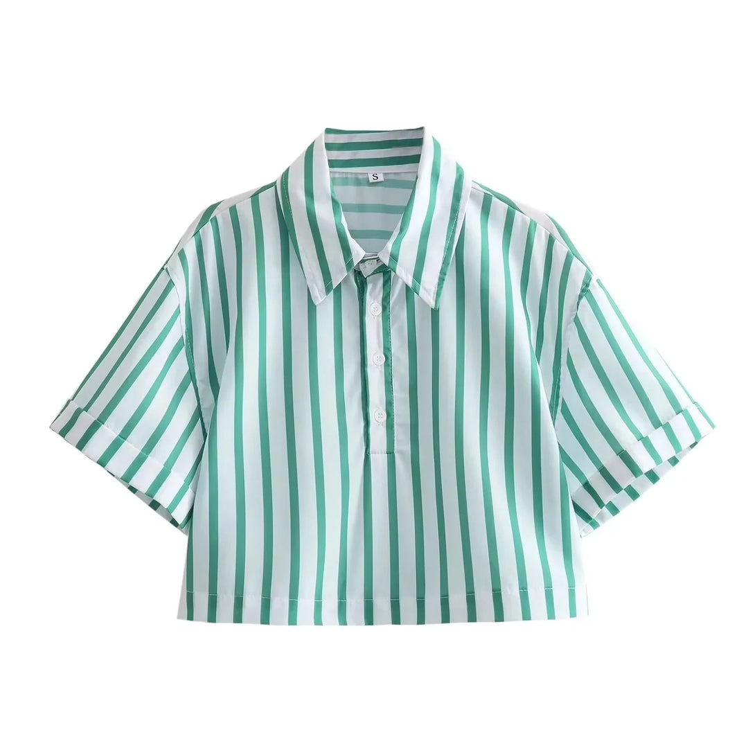 TRAFZA 2024 Summer Striped Shirts Women Casual Green Blouse Y2k Short Sleeve Buttons Crop Top Female Short Shirt Streetwear  Amaijoin