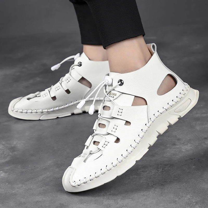 Summer White High-top Roman Sandals Men Gladiators Lace Up Buckle Leather Casual Shoes Breathable Beach Sandals Outdoor Slippers  Amaijoin