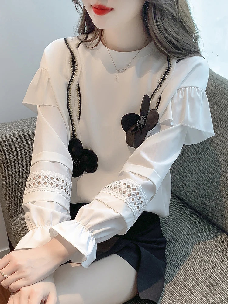 Women Winter Fleece Sweatshirts White Blue Hollow Out Flower Patchwork Flare Sleeve Loose Casual Pullovers Female Korean Fashion  Amaijoin