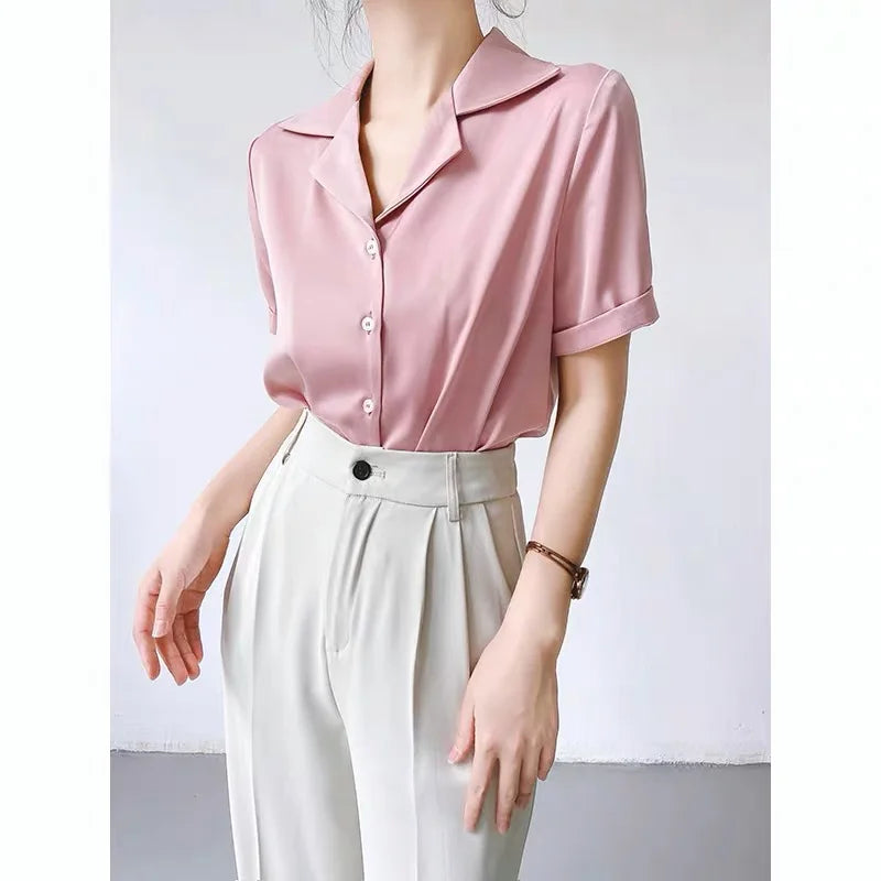 Elegant Women's Blouse Summer New Solid Short Sleeve Korean Fashion Office Lady Shirts Casual Ladies Clothes Top Female Shirts  Amaijoin