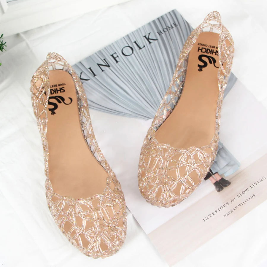 Summer women sandals flat-soled crystal clogs hollow flat-soled slip-ons shallow mouth Roman jelly shoes beach sandals  Amaijoin