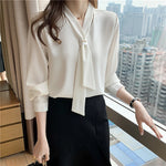 Load image into Gallery viewer, 2023 New Fashion Chiffon Women Blouse And Tops Office Long Sleeve White Women Shirts With Tie V Neck Loose Female Clothing 13022  Amaijoin
