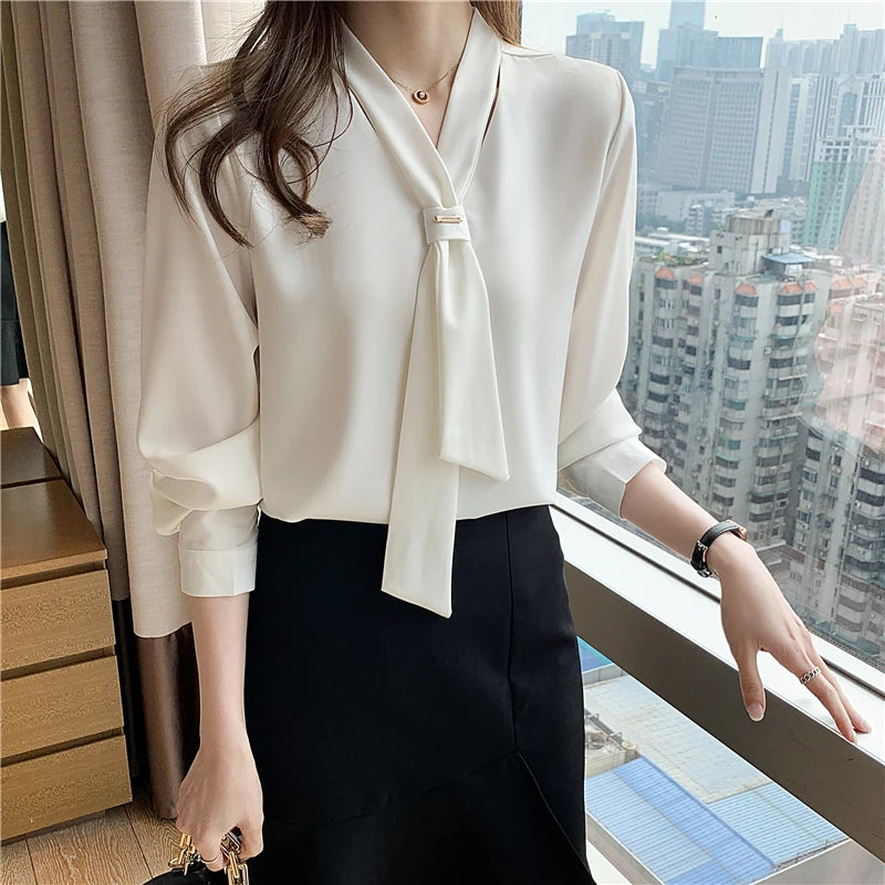 2023 New Fashion Chiffon Women Blouse And Tops Office Long Sleeve White Women Shirts With Tie V Neck Loose Female Clothing 13022  Amaijoin