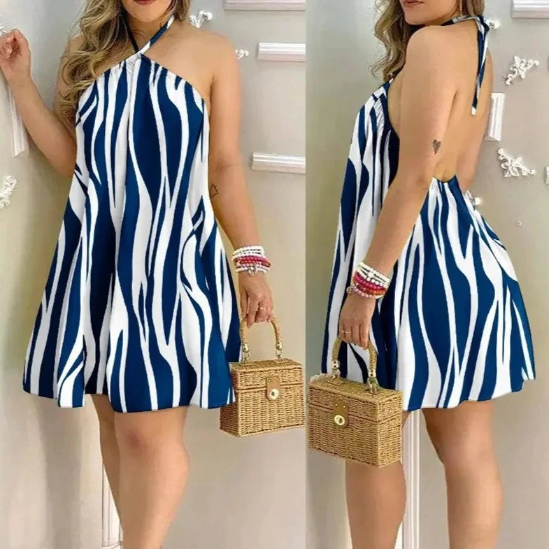 Tropical Print Halter Neck Dress, Vacation Style Backless Dress For Spring & Summer, Women's Clothing  Amaijoin